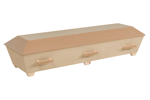 En kista av trä med enkel design och fyra handtag på sidorna.